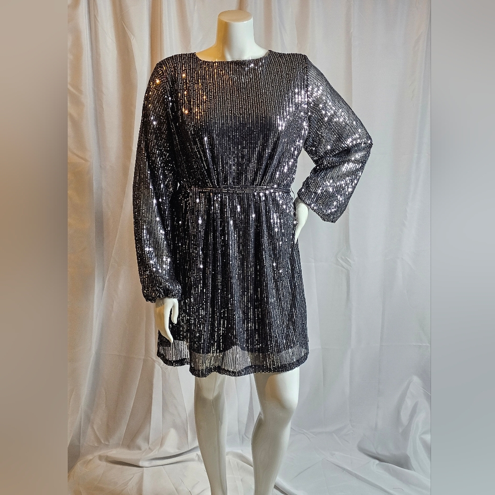 Black Sequined Puffed Long Sleeve  Belted Highwaist Cocktail Dress sz 3X